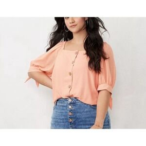 LC Lauren Conrad Plus Square Neck Puff Sleeve Button Front Blouse Peach 1X